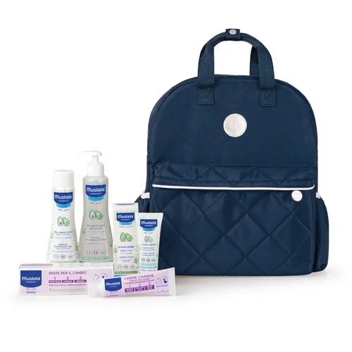MUSTELA ZAINO BORSA 2024 1 MUSTELA DETERGENTE DELICATO 200 ML + 1 PASTA CAMBIO 50 ML + 1 FLUIDO S/R 300 ML + 1 HYDRA BEBE' CREMA VISO 40 ML - dottorbianchi.it
