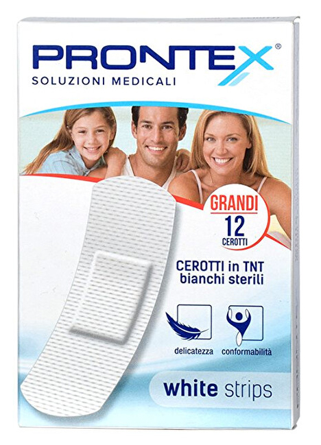 CEROTTO PRONTEX WHITE STRIPS IN TESSUTO NON TESSUTO BIANCO STERILE SCATOLA 12 CEROTTI GRANDI - dottorbianchi.it