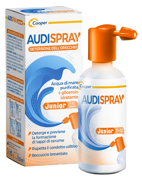AUDISPRAY JUNIOR 3-12 ANNI SOLUZIONE DI ACQUA DI MARE IPERTONICA SPRAY SENZA GAS IGIENE ORECCHIO 25ML - dottorbianchi.it