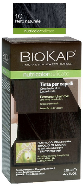 BIOKAP NUTRICOLOR DELICATO 1,0 NERO NATURALE TINTA TUBO + FLACONE - dottorbianchi.it