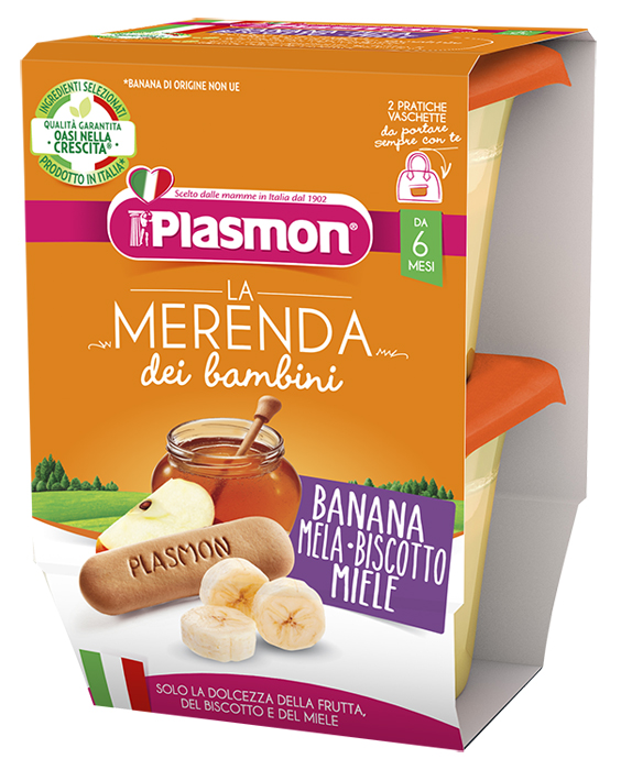 PLASMON LA MERENDA DEI BAMBINI MERENDE BANANA MELA BISCOTTO MIELE ASETTICO 2 X 120 G - dottorbianchi.it