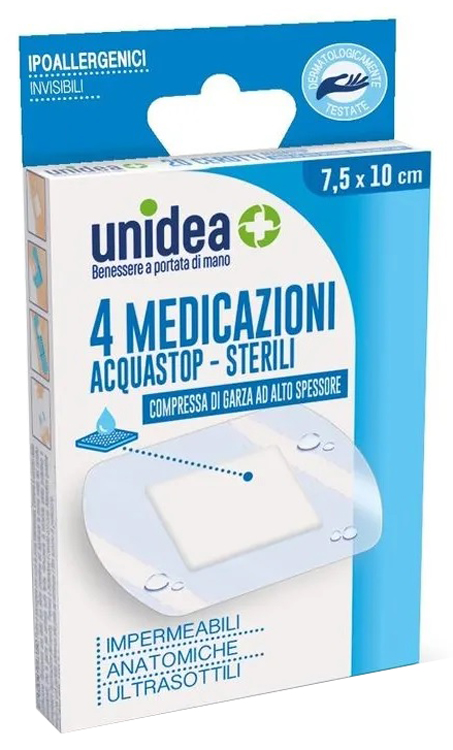 MEDICAZIONE UNIDEA 7,5 X 10 CM STERILE IMPERMEABILE 4 PEZZI - dottorbianchi.it
