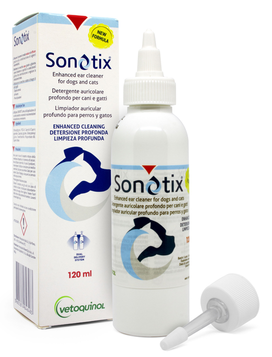 SONOTIX DETERGENTE AURICOLARE PROFONDO CANI E GATTI FLACONE 120 ML + CANNULA CORTA RIGIDA + CANNULA LUNGA FLESSIBILE - dottorbianchi.it