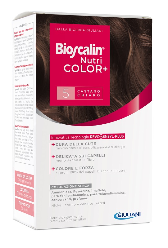 BIOSCALIN NUTRICOLOR PLUS 5 CASTANO CHIARO CREMA COLORANTE 40 ML + RIVELATORE CREMA 60 ML + SHAMPOO 12 ML + TRATTAMENTO FINALE BALSAMO 12 ML - dottorbianchi.it
