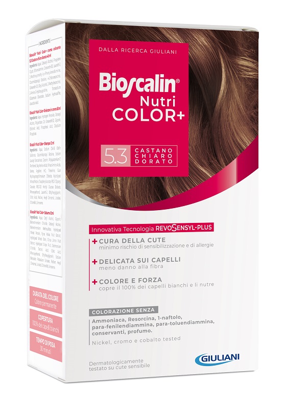 BIOSCALIN NUTRICOLOR PLUS 5,3 CASTANO CHIARO DORATO CREMA COLORANTE 40 ML + RIVELATORE CREMA 60 ML + SHAMPOO 12 ML + TRATTAMENTO FINALE BALSAMO 12 ML - dottorbianchi.it