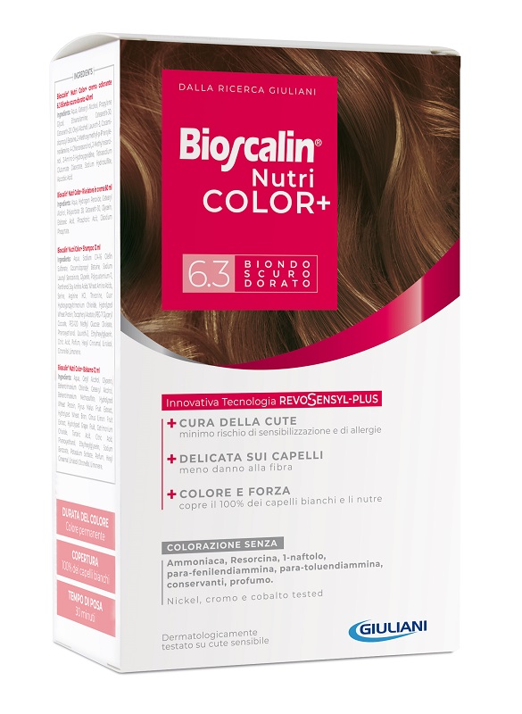 BIOSCALIN NUTRICOLOR PLUS 6,3 BIONDO SCURO DORATO CREMA COLORANTE 40 ML + RIVELATORE CREMA 60 ML + SHAMPOO 12 ML + TRATTAMENTO FINALE BALSAMO 12 ML - dottorbianchi.it