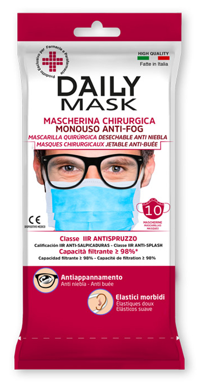 MASCHERINA CHIRURGICA MONOUSO ANTI-FOG DAILY MASK TIPO IIR TRE TNT STRATI ANTISPRUZZO 10 PEZZI - dottorbianchi.it