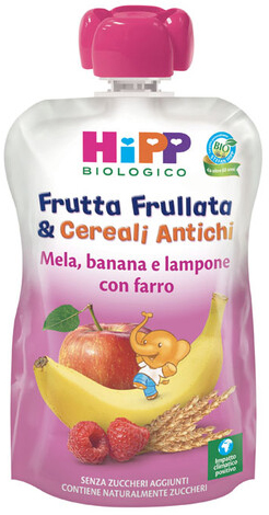 HIPP BIO FRUTTA FRULLATA&CEREALI ANTICHI MELA BANANA LAMPONE FARRO 90 G - dottorbianchi.it