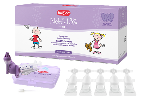 NEBIAL 3% KIT 20 FLACONCINI MONODOSE 5ML SOLUZIONE IPERTONICA CON ACIDO IALURONICO + NEBULIZZATORE SPRAY-SOL - dottorbianchi.it