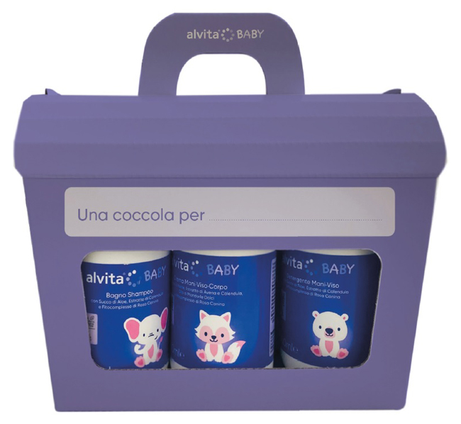 ALVITA COFANETTO BABY 5 PEZZI 1 BAGNO SHAMPOO 300 ML + 1 CREMA VISO CORPO 300 ML + 1 DETERGENTE MANI VISO 300 ML + 1 PASTA OSSIDO ZINCO 100 ML + SALVIETTE PURE WATER 60 PEZZI - dottorbianchi.it