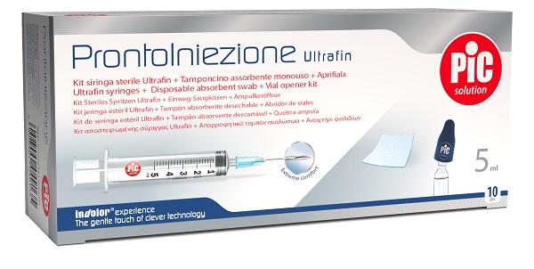 PRONTOINIEZIONE ULTRAFIN KIT SIRINGA STERILE 5 ML GAUGE 23 10 PEZZI + TAMPONCINO ASSORBENTE MONOUSO + APRIFIALA - dottorbianchi.it